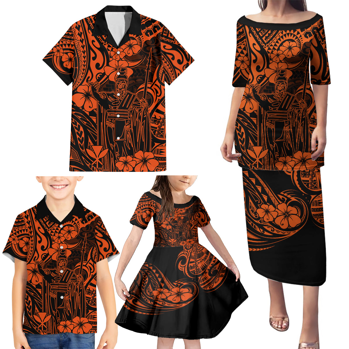 Hawaii King Kamehameha Family Matching Puletasi Dress and Hawaiian Shirt Polynesian Pattern Orange Version - Wonder Print Shop