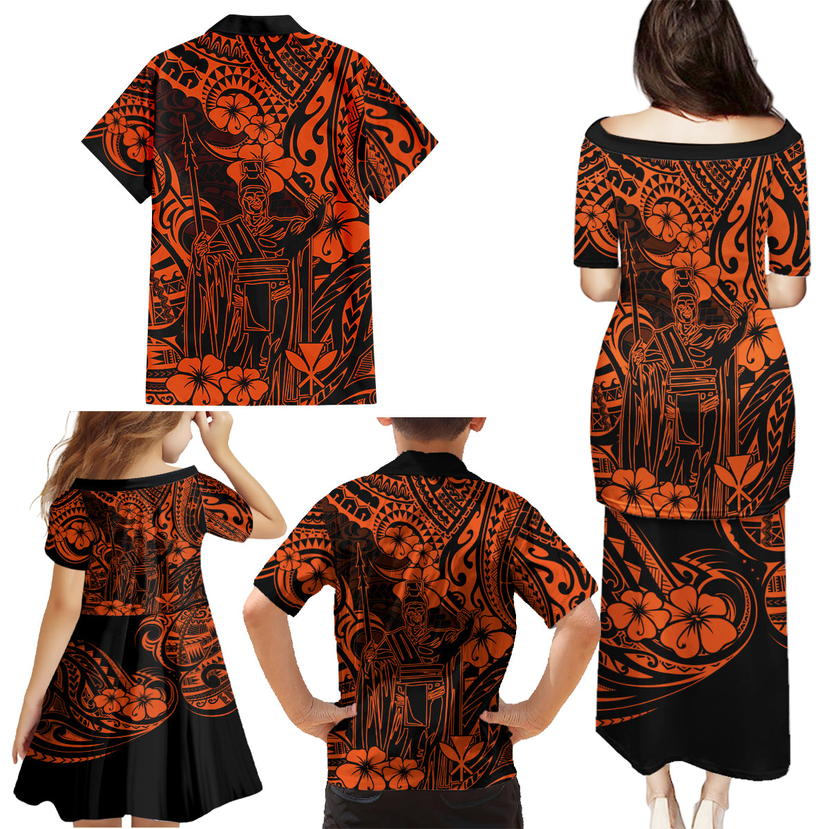 Hawaii King Kamehameha Family Matching Puletasi Dress and Hawaiian Shirt Polynesian Pattern Orange Version - Wonder Print Shop