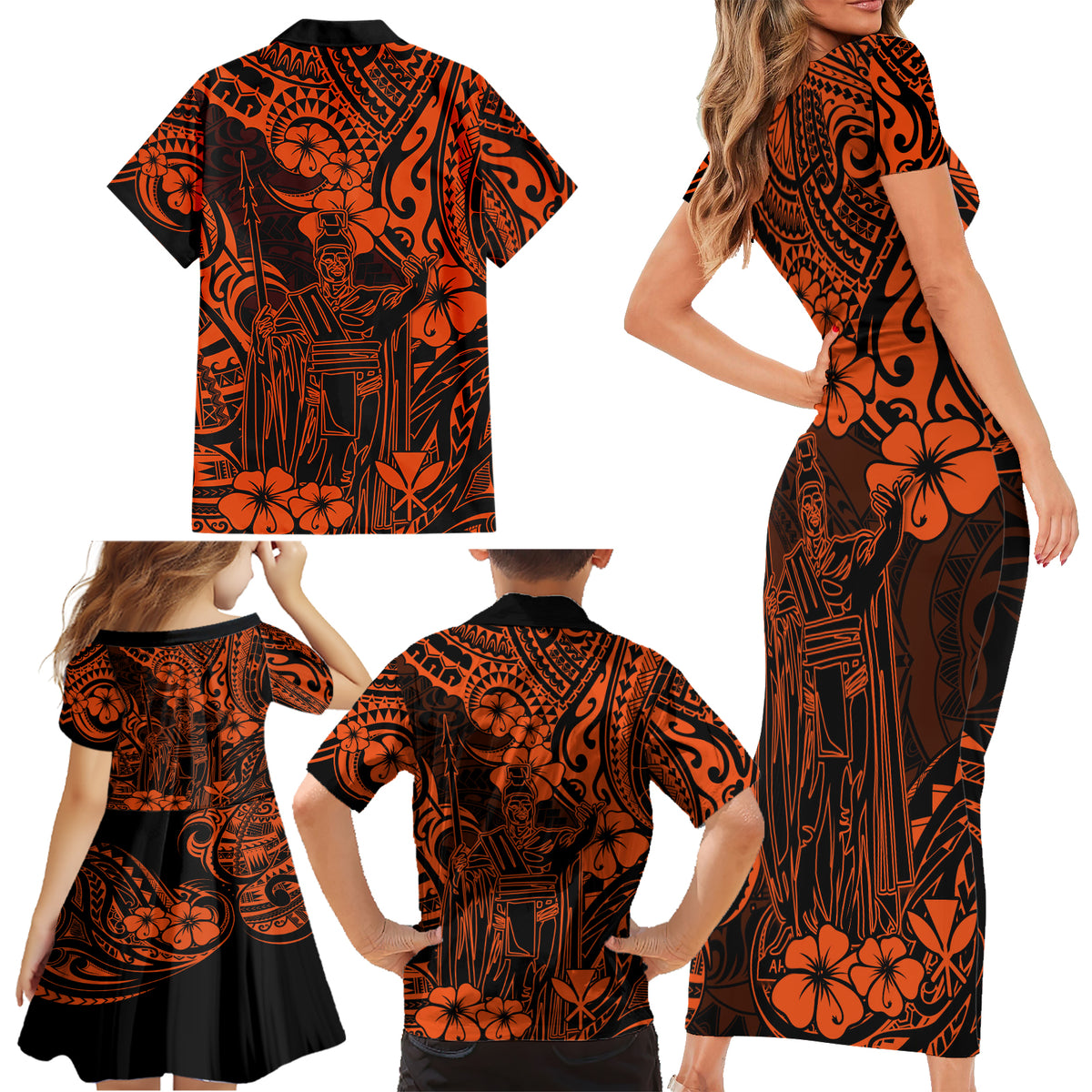 Hawaii King Kamehameha Family Matching Short Sleeve Bodycon Dress and Hawaiian Shirt Polynesian Pattern Orange Version - Wonder Print Shop