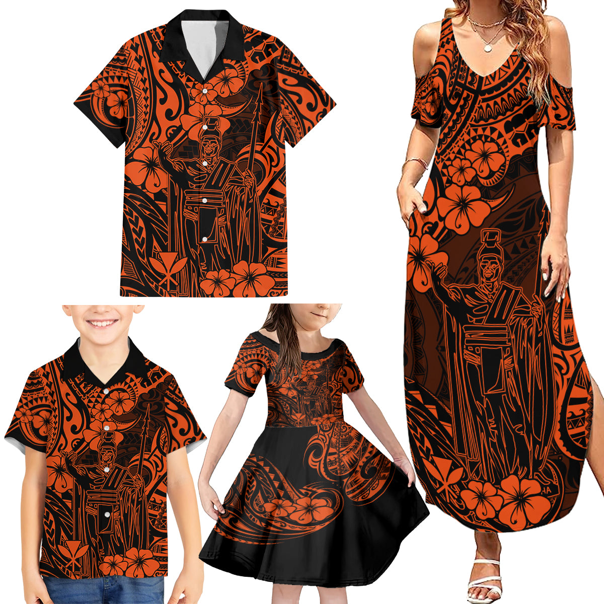 Hawaii King Kamehameha Family Matching Summer Maxi Dress and Hawaiian Shirt Polynesian Pattern Orange Version - Wonder Print Shop