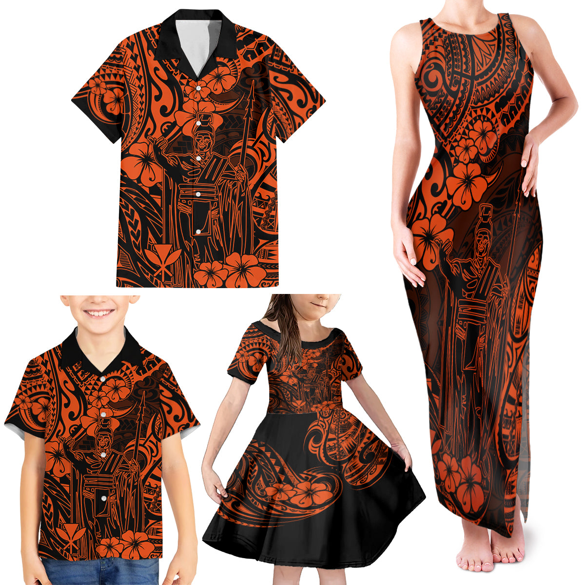 Hawaii King Kamehameha Family Matching Tank Maxi Dress and Hawaiian Shirt Polynesian Pattern Orange Version - Wonder Print Shop