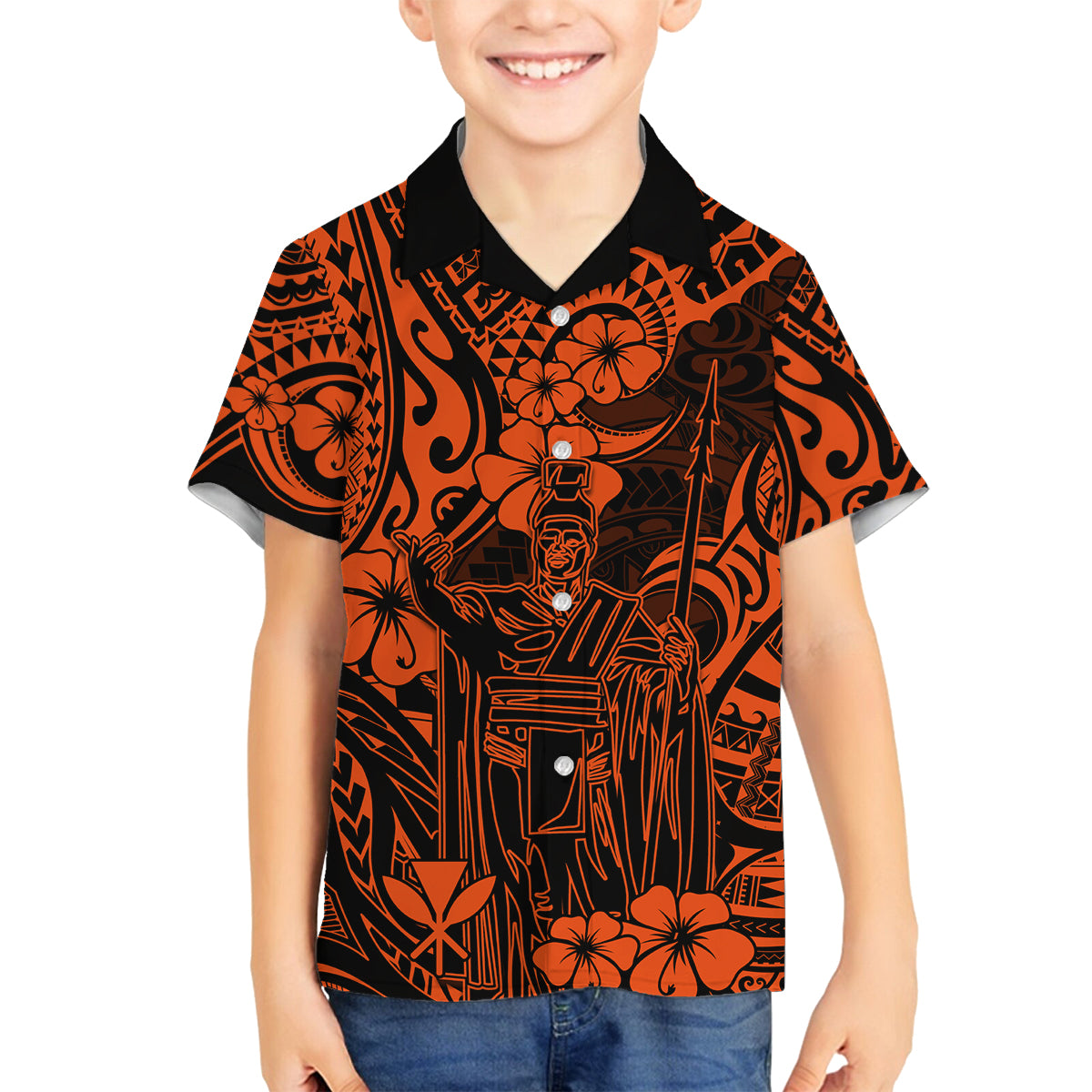 Hawaii King Kamehameha Family Matching Tank Maxi Dress and Hawaiian Shirt Polynesian Pattern Orange Version - Wonder Print Shop