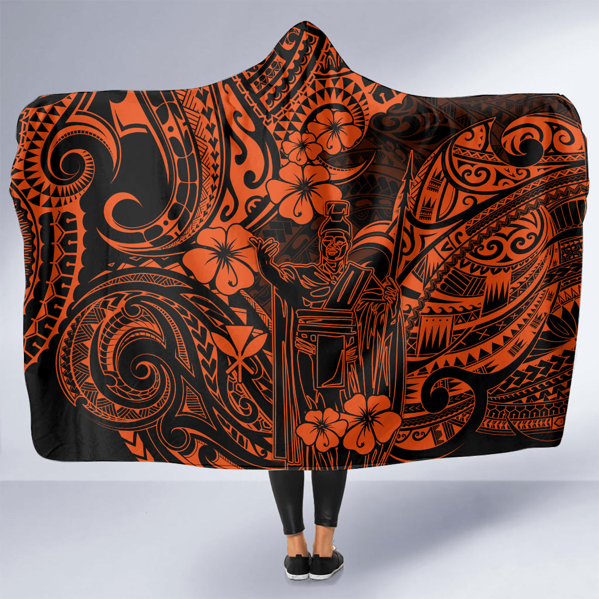 hawaii-king-kamehameha-hooded-blanket-polynesian-pattern-orange-version