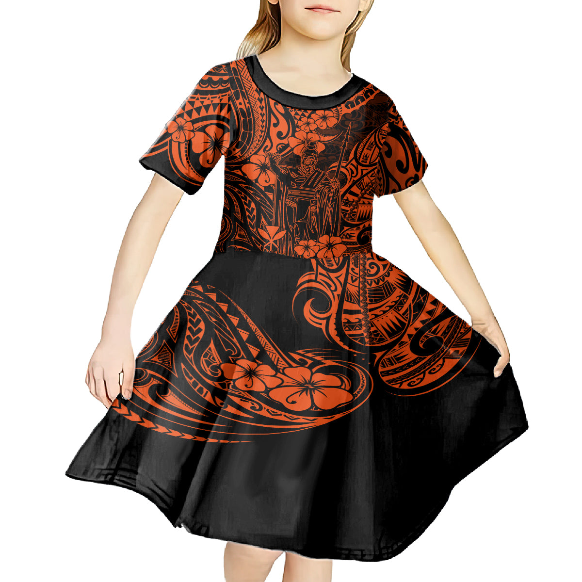 Hawaii King Kamehameha Kid Short Sleeve Dress Polynesian Pattern Orange Version - Wonder Print Shop