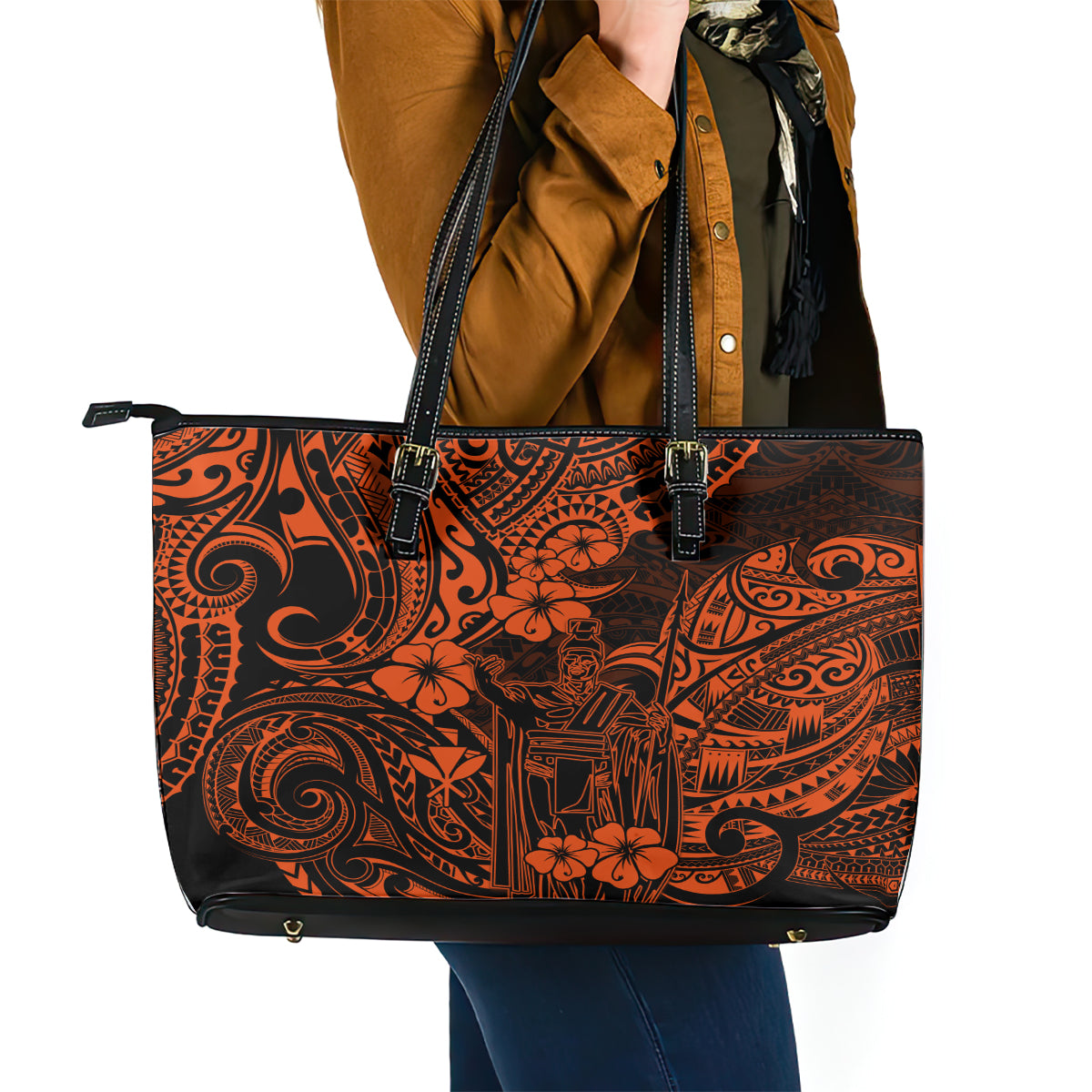 Hawaii King Kamehameha Leather Tote Bag Polynesian Pattern Orange Version - Wonder Print Shop