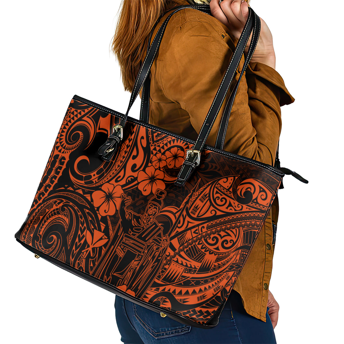 Hawaii King Kamehameha Leather Tote Bag Polynesian Pattern Orange Version - Wonder Print Shop