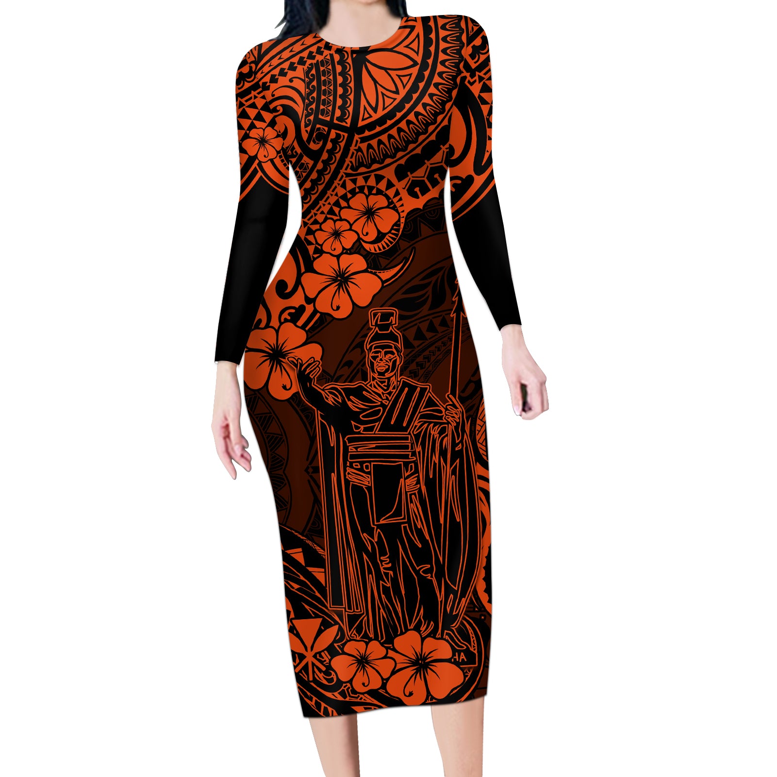 Hawaii King Kamehameha Long Sleeve Bodycon Dress Polynesian Pattern Orange Version - Wonder Print Shop
