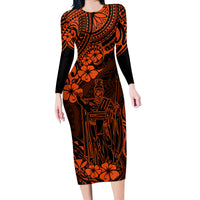 Hawaii King Kamehameha Long Sleeve Bodycon Dress Polynesian Pattern Orange Version - Wonder Print Shop