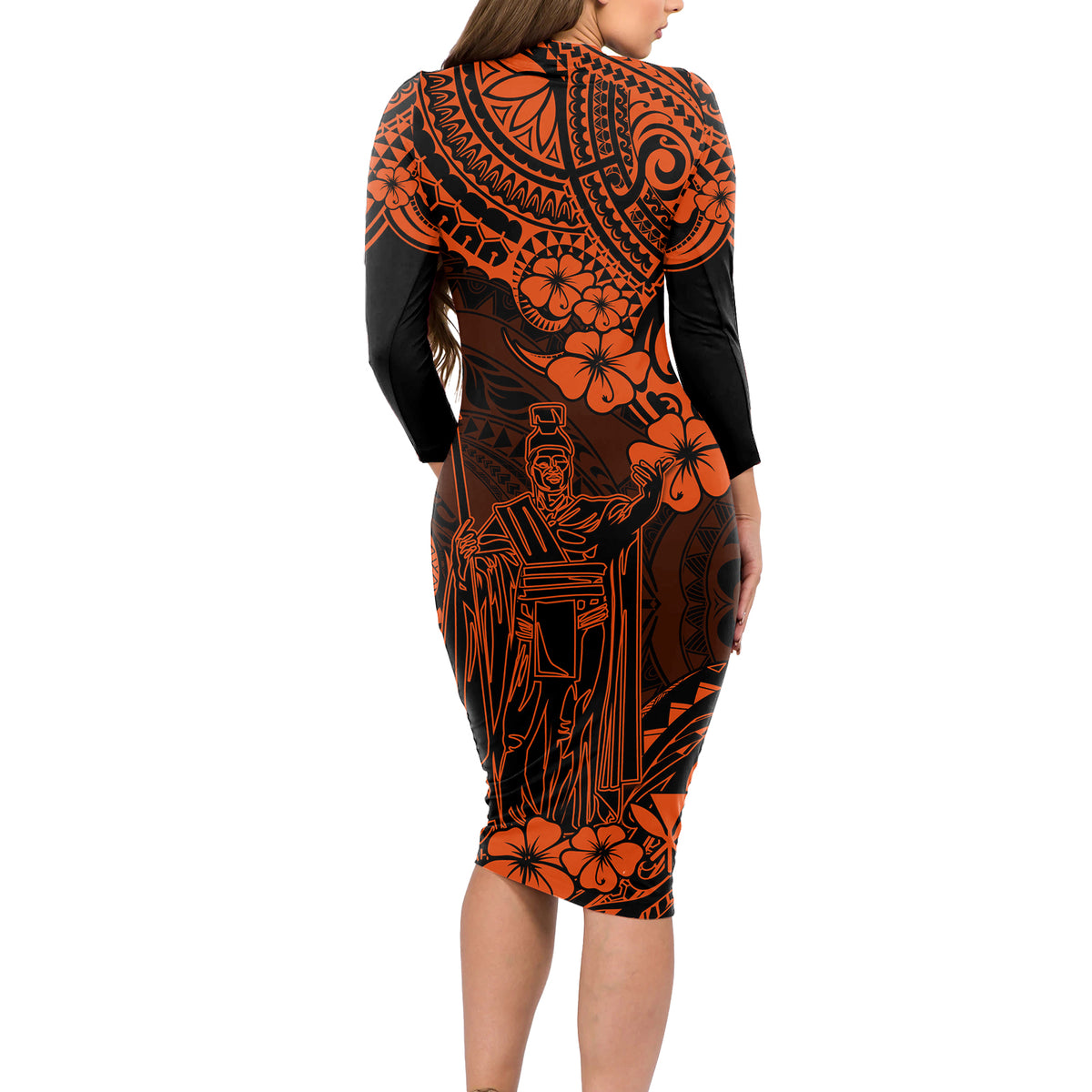 Hawaii King Kamehameha Long Sleeve Bodycon Dress Polynesian Pattern Orange Version - Wonder Print Shop