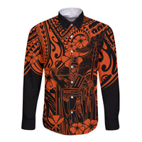 Hawaii King Kamehameha Long Sleeve Button Shirt Polynesian Pattern Orange Version - Wonder Print Shop