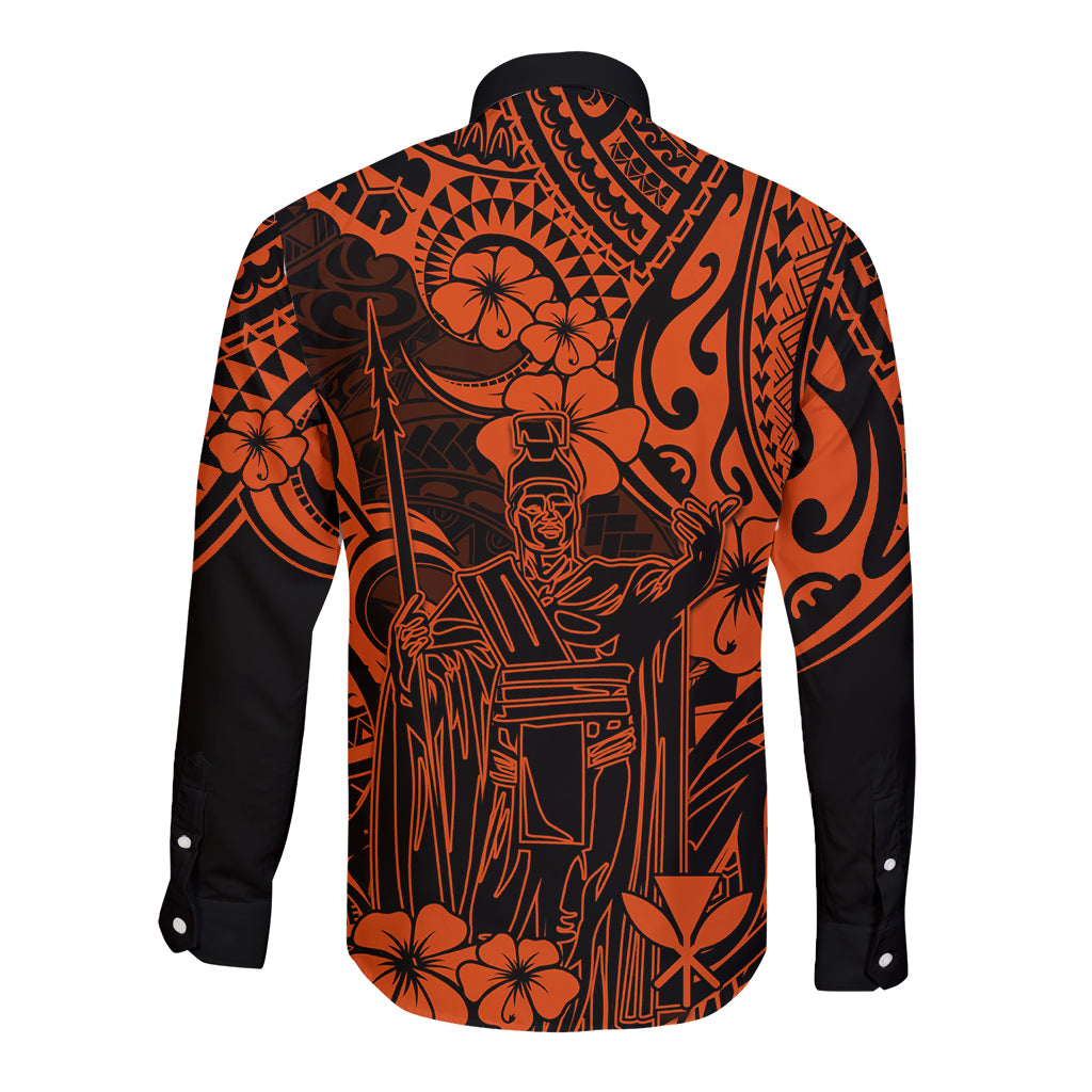 Hawaii King Kamehameha Long Sleeve Button Shirt Polynesian Pattern Orange Version - Wonder Print Shop