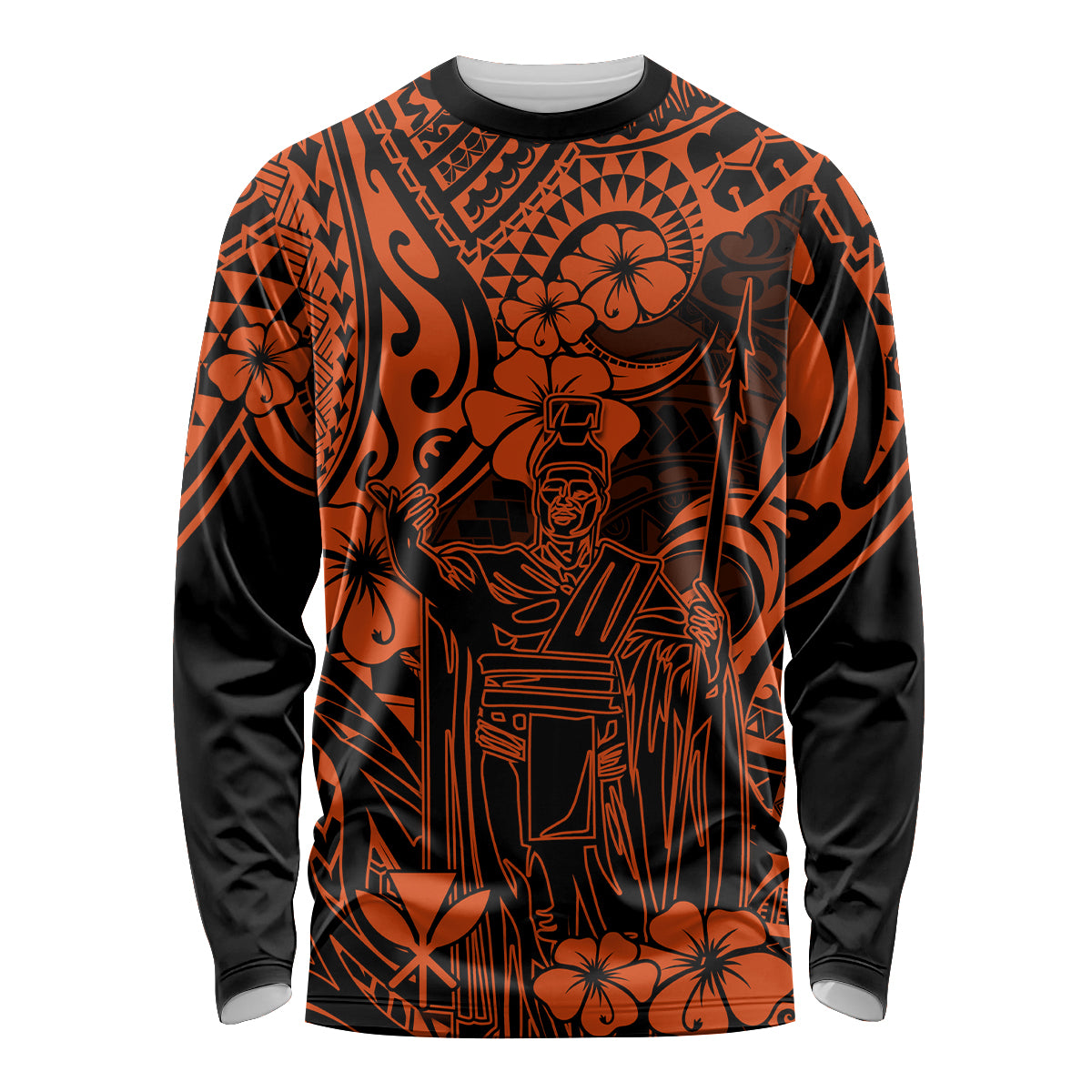 Hawaii King Kamehameha Long Sleeve Shirt Polynesian Pattern Orange Version - Wonder Print Shop