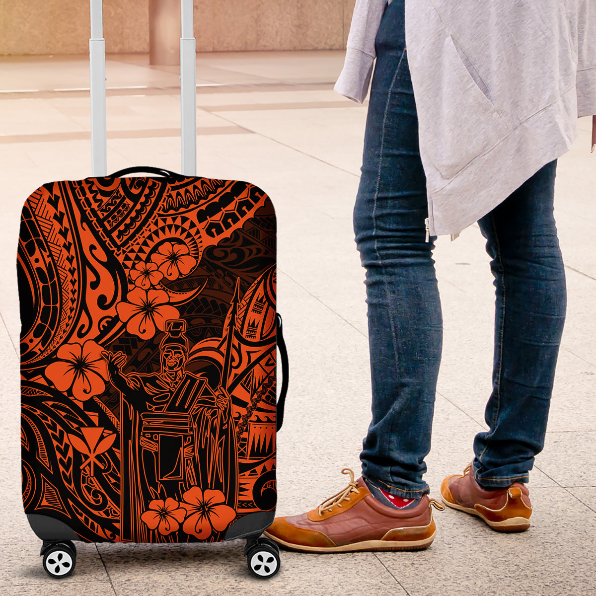 Hawaii King Kamehameha Luggage Cover Polynesian Pattern Orange Version - Wonder Print Shop