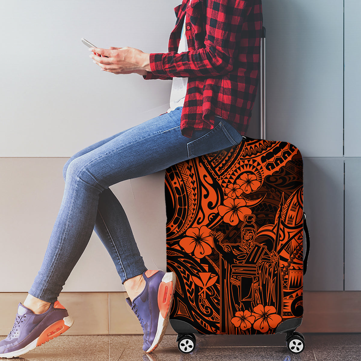 Hawaii King Kamehameha Luggage Cover Polynesian Pattern Orange Version - Wonder Print Shop