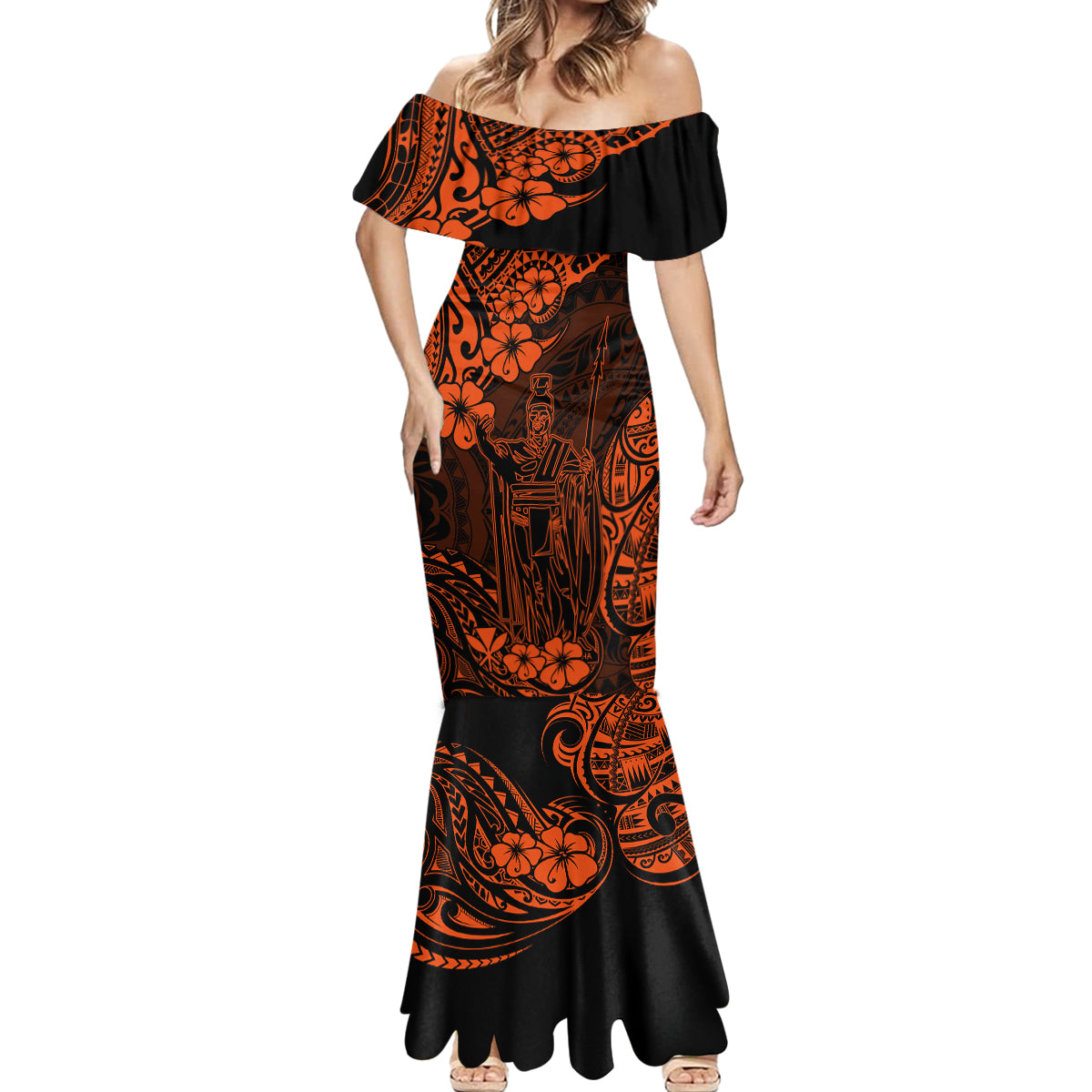 Hawaii King Kamehameha Mermaid Dress Polynesian Pattern Orange Version - Wonder Print Shop