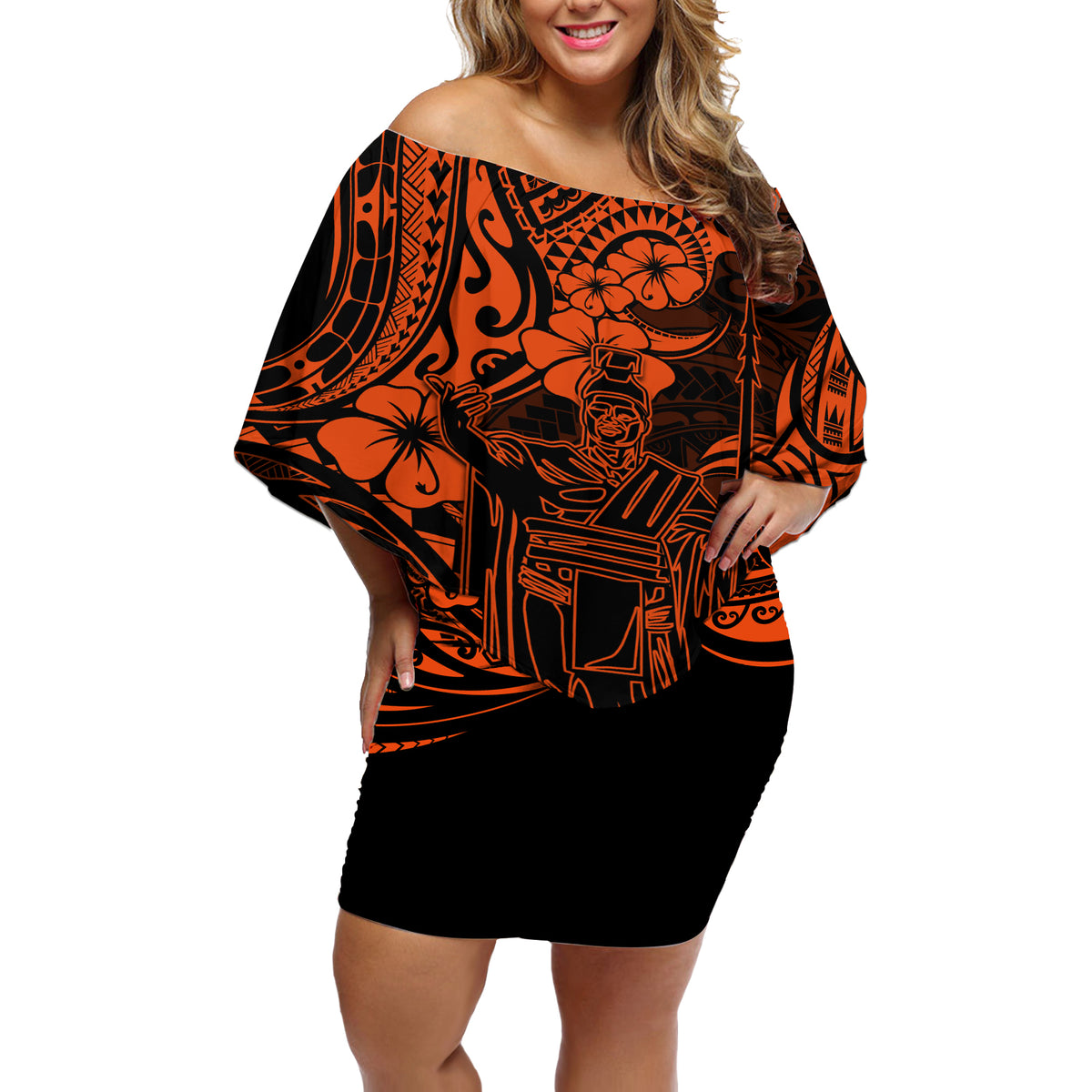 Hawaii King Kamehameha Off Shoulder Short Dress Polynesian Pattern Orange Version - Wonder Print Shop