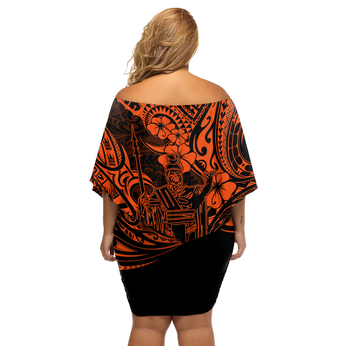 Hawaii King Kamehameha Off Shoulder Short Dress Polynesian Pattern Orange Version - Wonder Print Shop