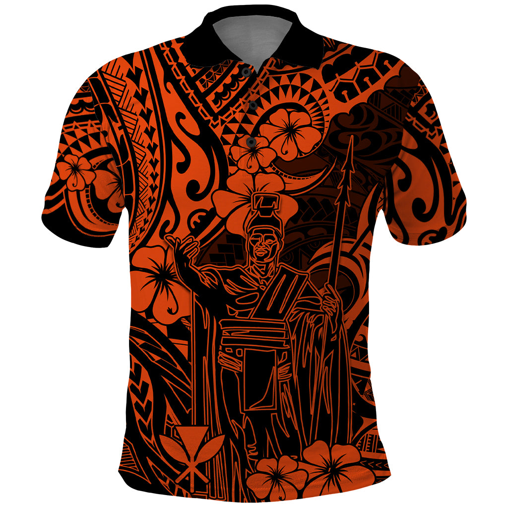 Hawaii King Kamehameha Polo Shirt Polynesian Pattern Orange Version - Wonder Print Shop