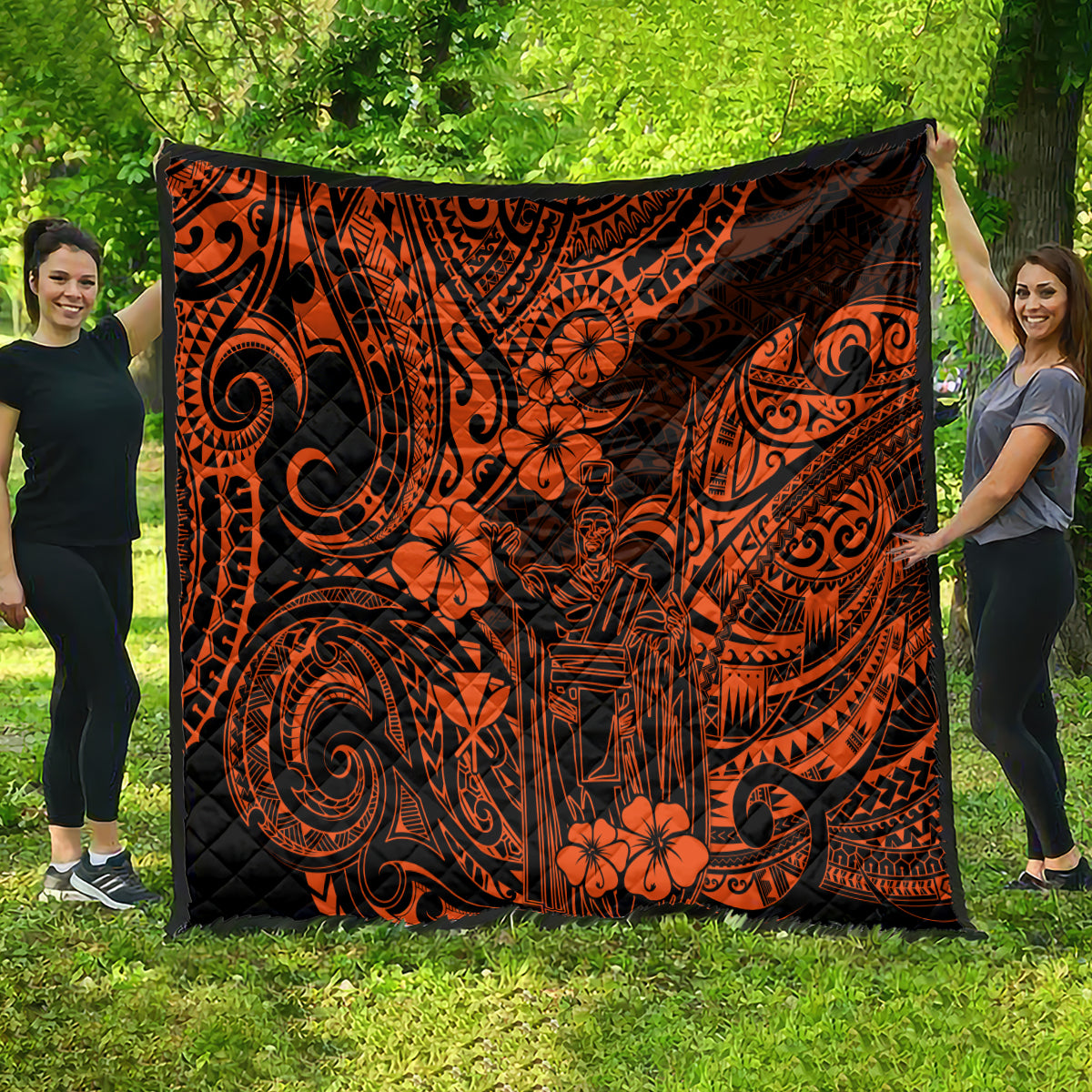 Hawaii King Kamehameha Quilt Polynesian Pattern Orange Version - Wonder Print Shop