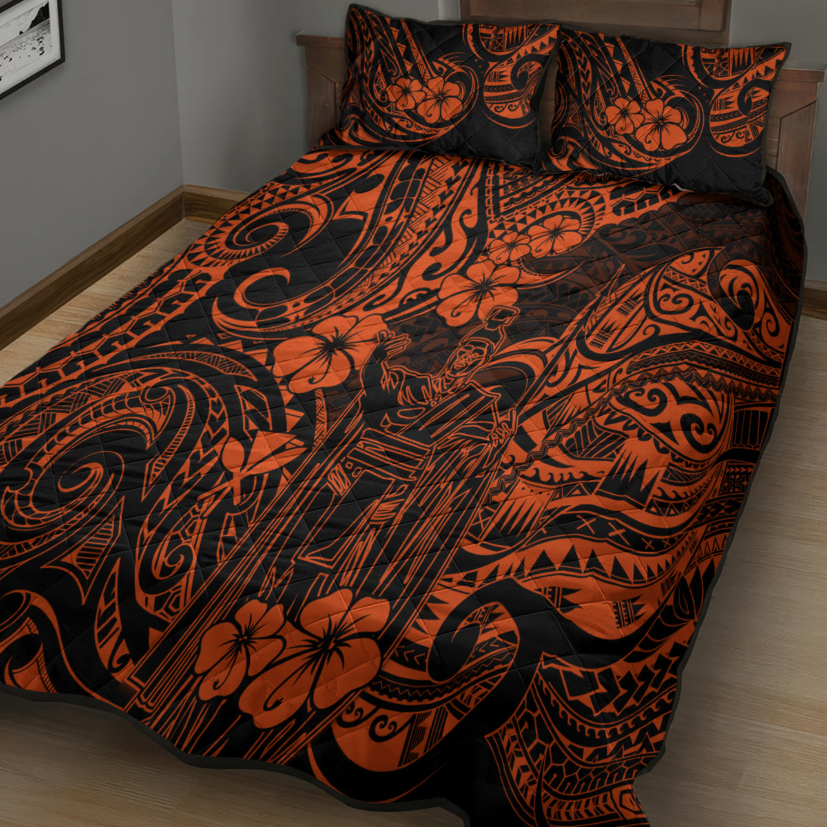 Hawaii King Kamehameha Quilt Bed Set Polynesian Pattern Orange Version - Wonder Print Shop
