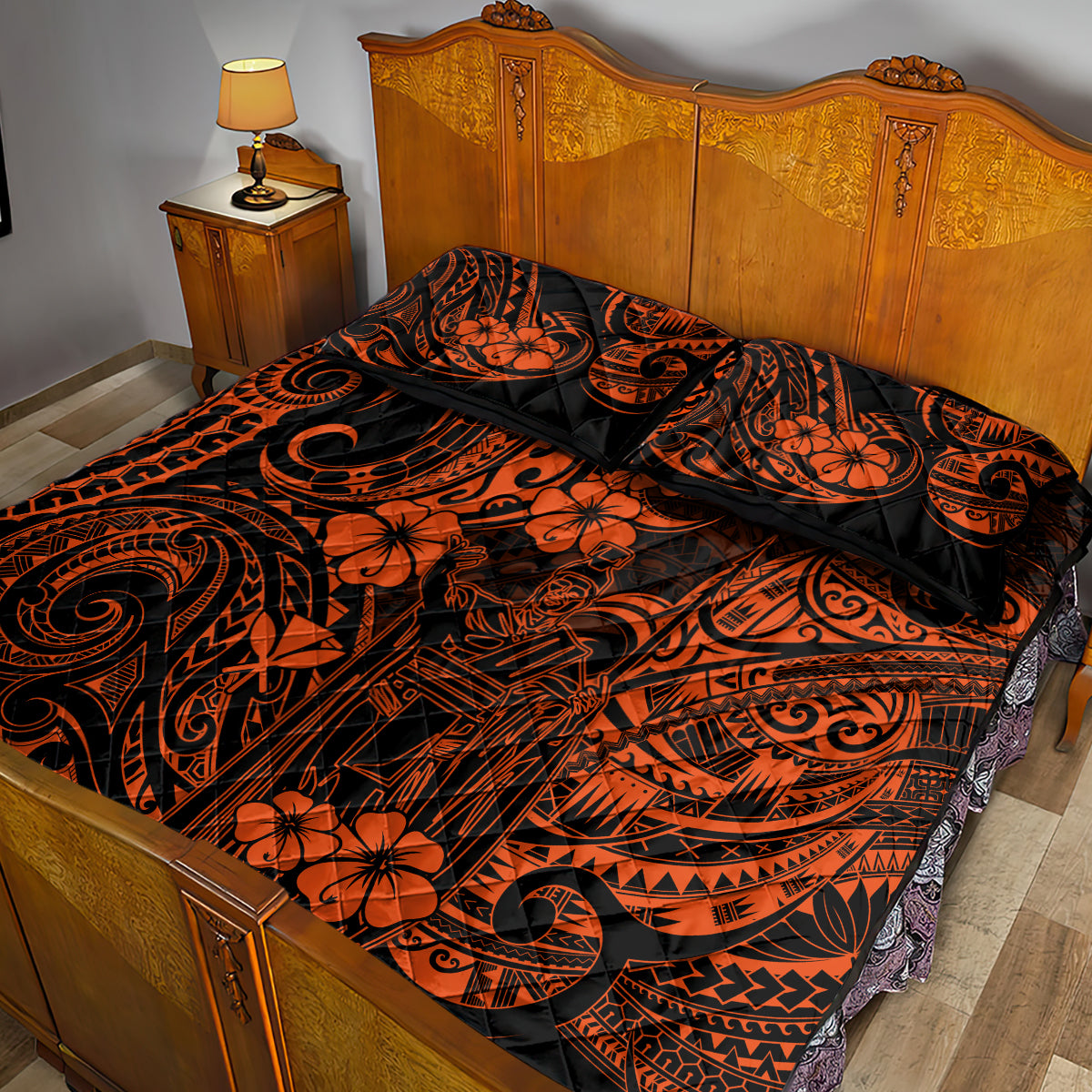 Hawaii King Kamehameha Quilt Bed Set Polynesian Pattern Orange Version - Wonder Print Shop