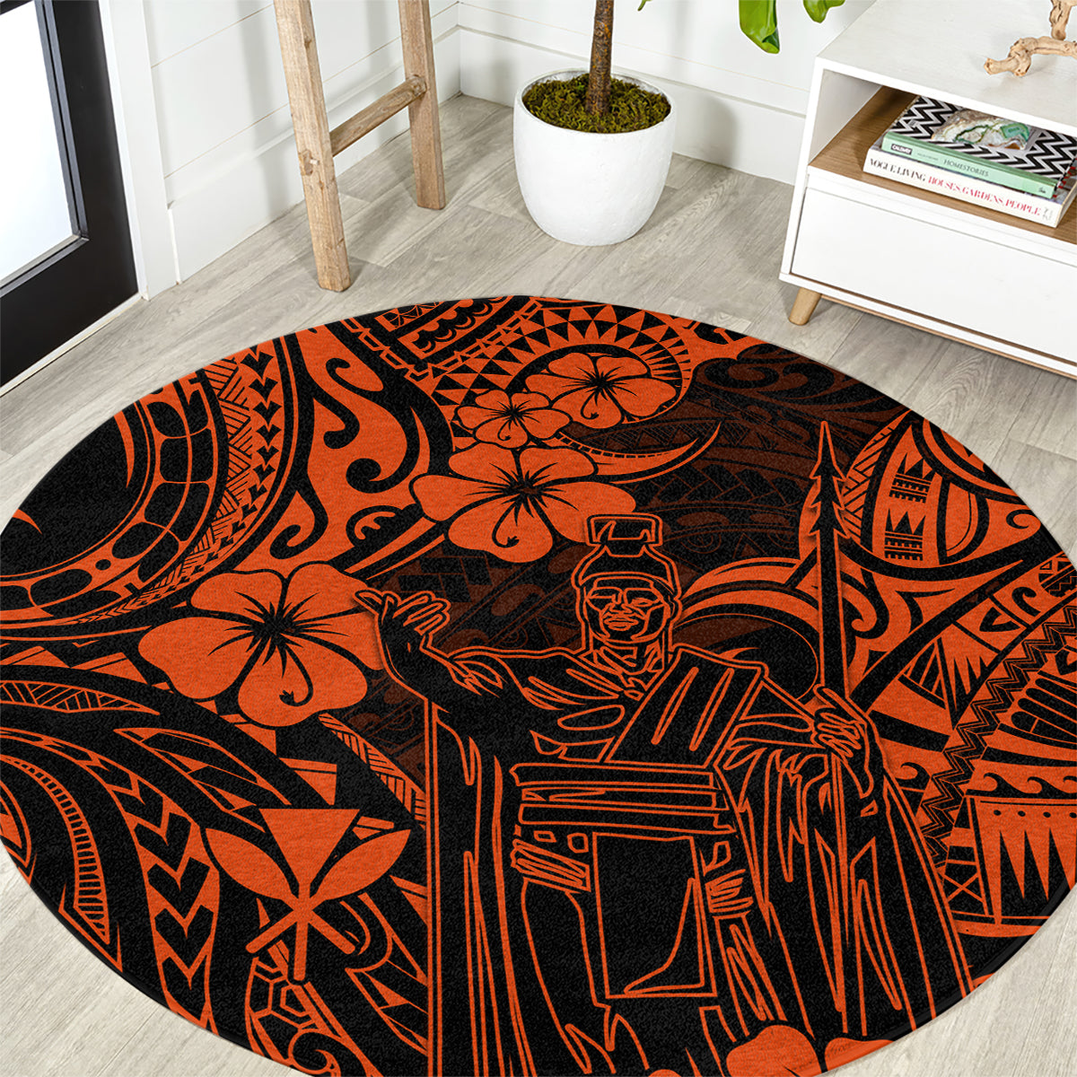 hawaii-king-kamehameha-round-carpet-polynesian-pattern-orange-version