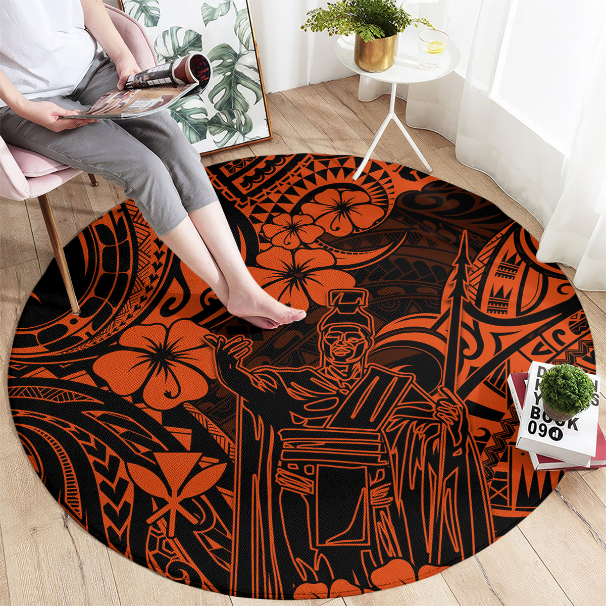 hawaii-king-kamehameha-round-carpet-polynesian-pattern-orange-version