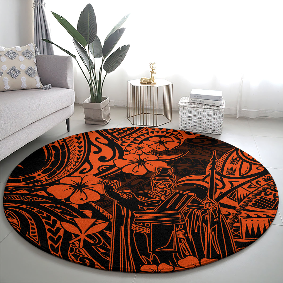 hawaii-king-kamehameha-round-carpet-polynesian-pattern-orange-version