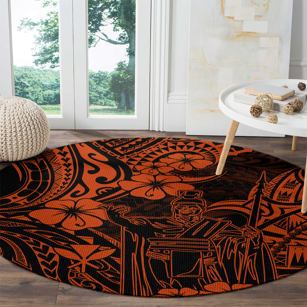 hawaii-king-kamehameha-round-carpet-polynesian-pattern-orange-version