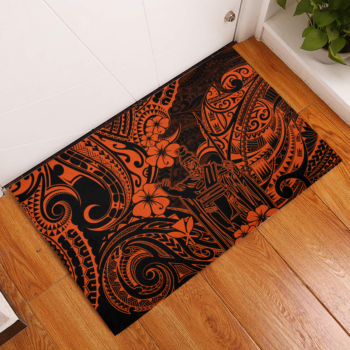 Hawaii King Kamehameha Rubber Doormat Polynesian Pattern Orange Version - Wonder Print Shop