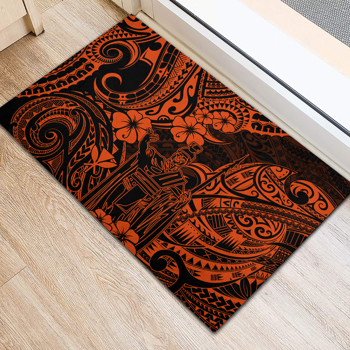 Hawaii King Kamehameha Rubber Doormat Polynesian Pattern Orange Version - Wonder Print Shop