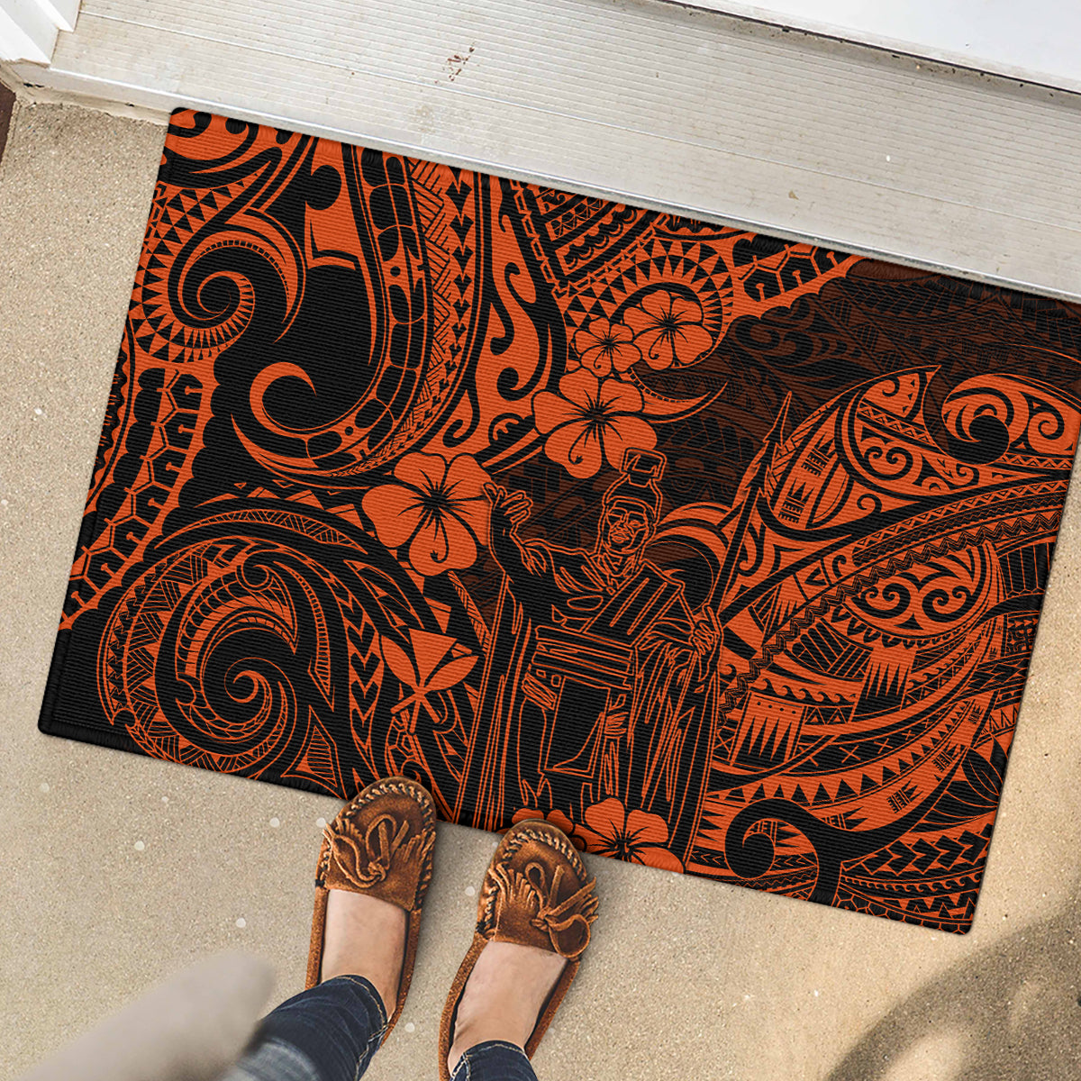 Hawaii King Kamehameha Rubber Doormat Polynesian Pattern Orange Version - Wonder Print Shop