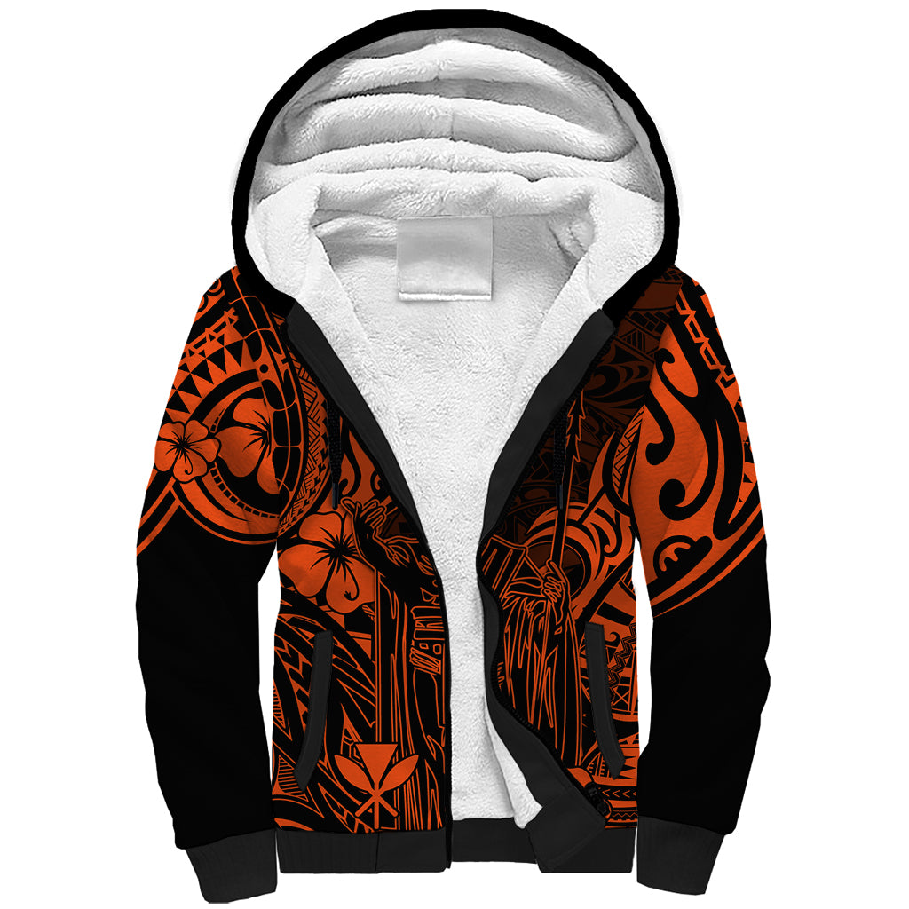 Hawaii King Kamehameha Sherpa Hoodie Polynesian Pattern Orange Version - Wonder Print Shop