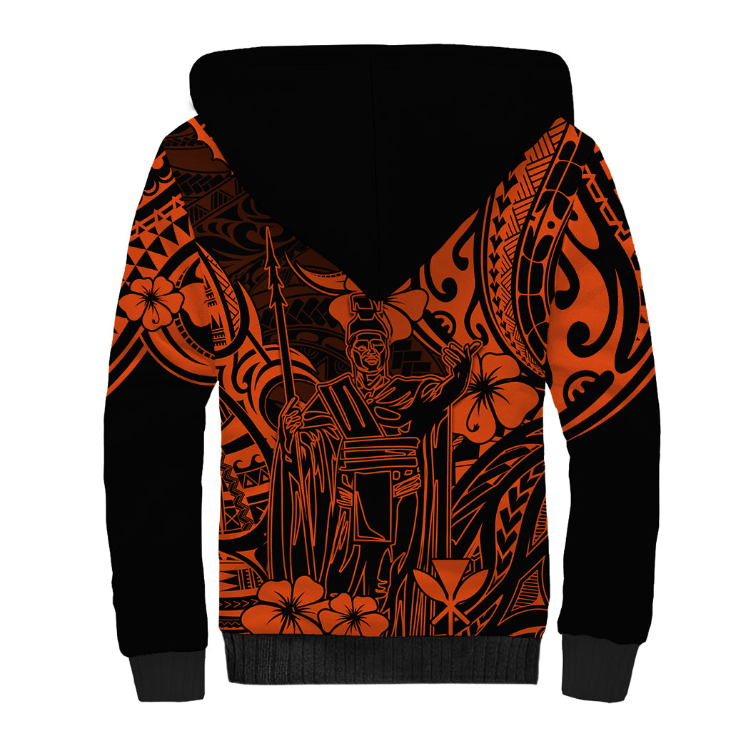 Hawaii King Kamehameha Sherpa Hoodie Polynesian Pattern Orange Version - Wonder Print Shop