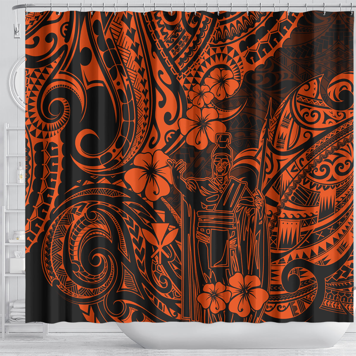 hawaii-king-kamehameha-shower-curtain-polynesian-pattern-orange-version