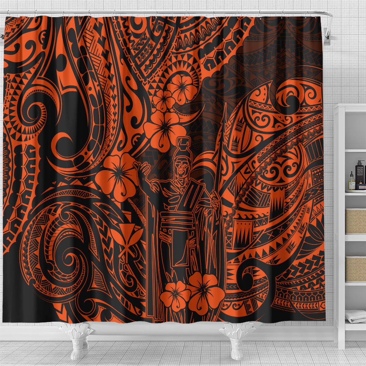 hawaii-king-kamehameha-shower-curtain-polynesian-pattern-orange-version