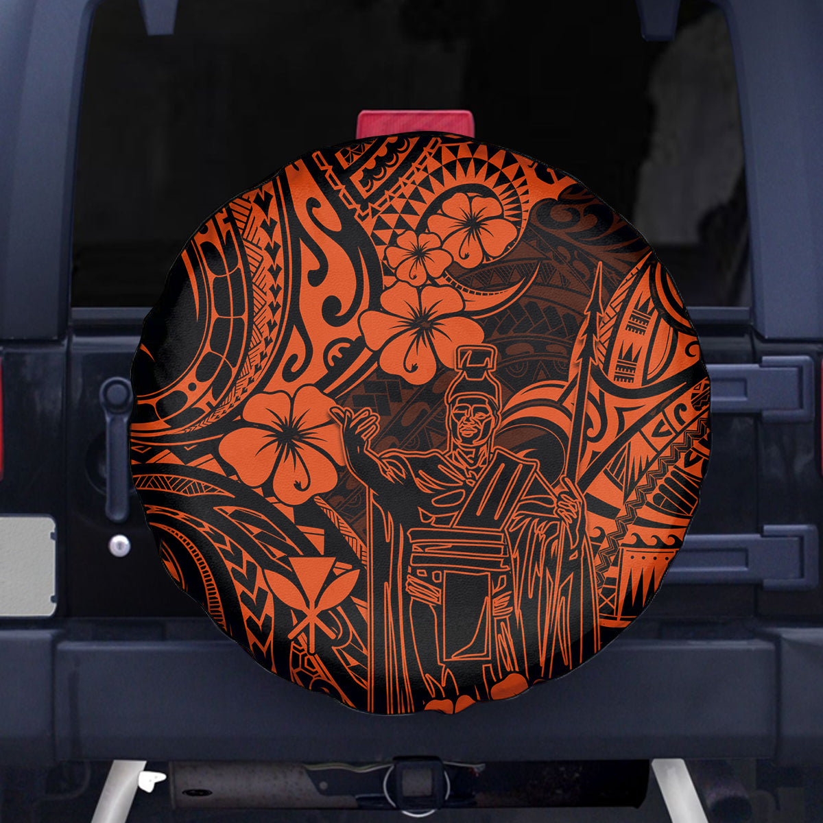 Hawaii King Kamehameha Spare Tire Cover Polynesian Pattern Orange Version - Wonder Print Shop