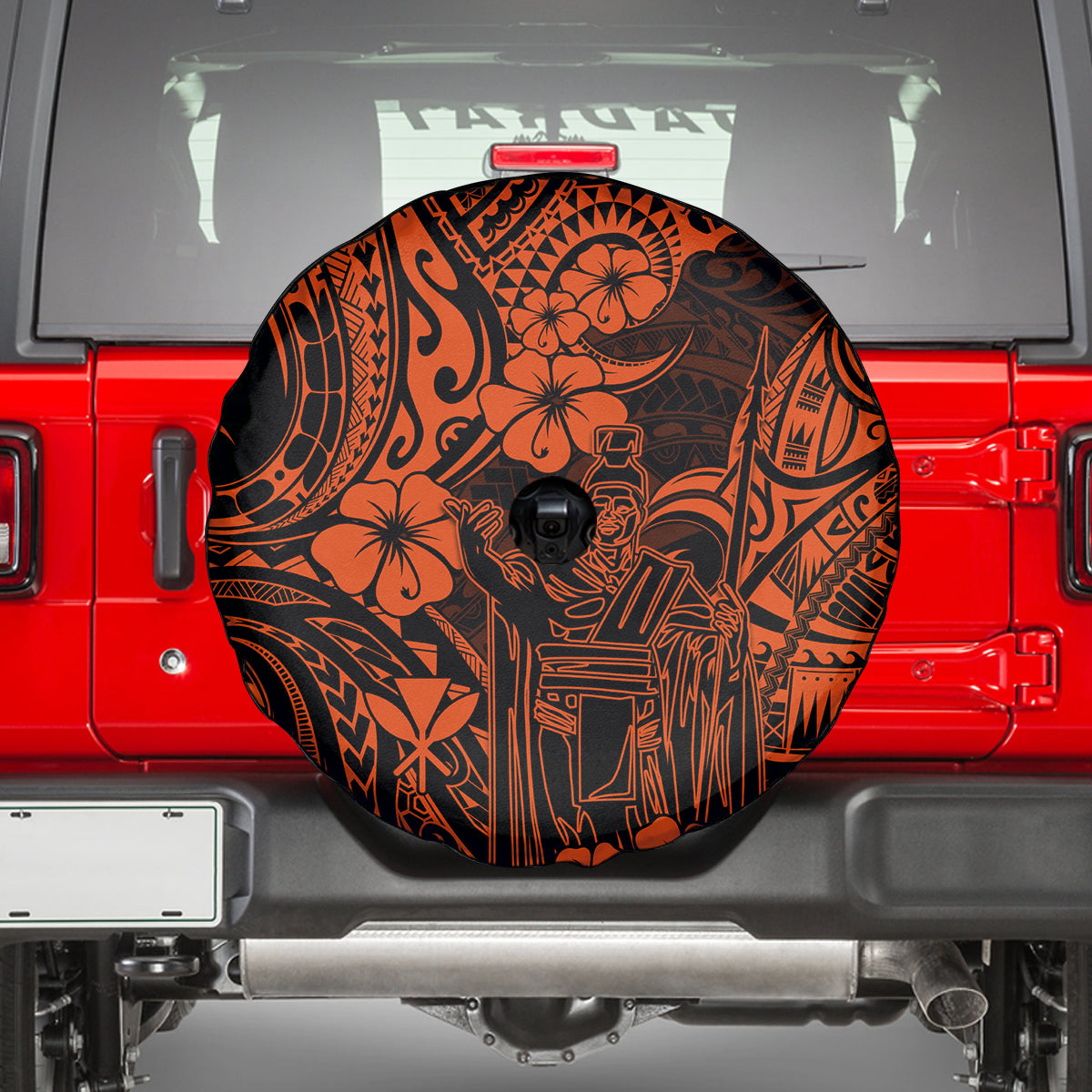 Hawaii King Kamehameha Spare Tire Cover Polynesian Pattern Orange Version - Wonder Print Shop
