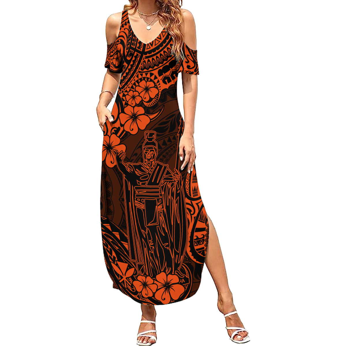 Hawaii King Kamehameha Summer Maxi Dress Polynesian Pattern Orange Version - Wonder Print Shop