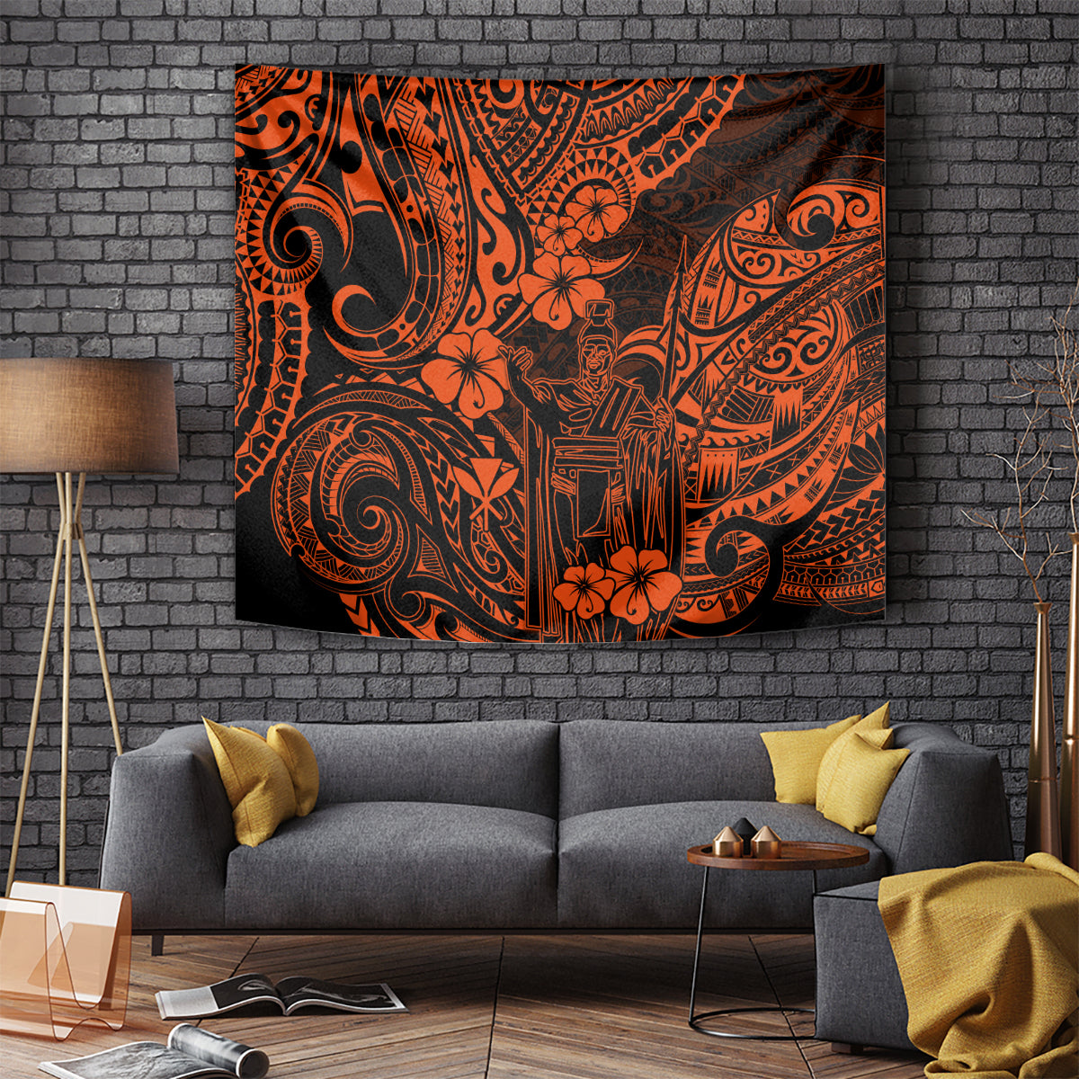 Hawaii King Kamehameha Tapestry Polynesian Pattern Orange Version - Wonder Print Shop