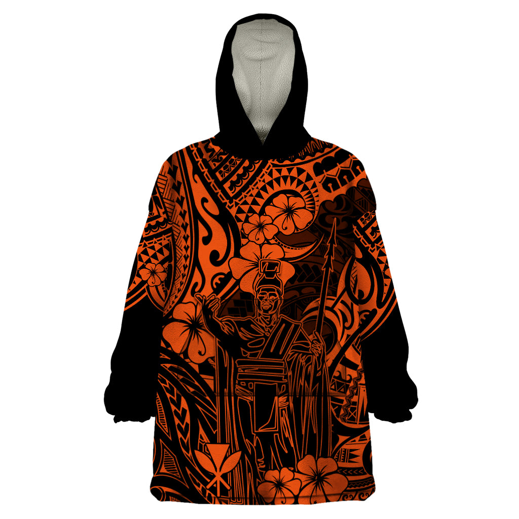 Hawaii King Kamehameha Wearable Blanket Hoodie Polynesian Pattern Orange Version - Wonder Print Shop