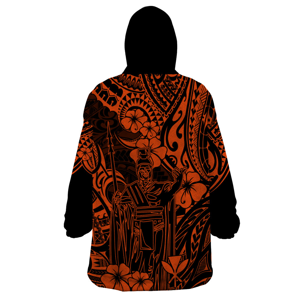 Hawaii King Kamehameha Wearable Blanket Hoodie Polynesian Pattern Orange Version - Wonder Print Shop