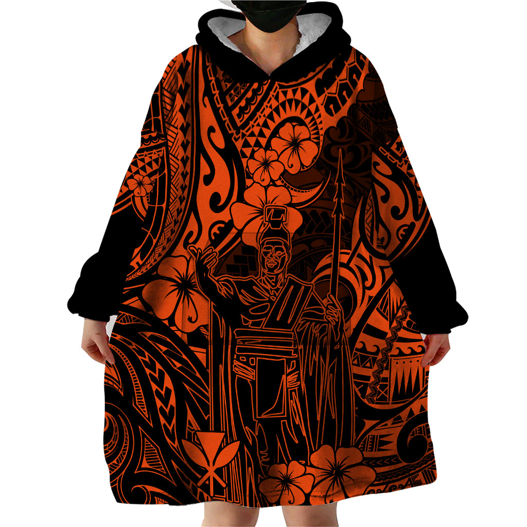 Hawaii King Kamehameha Wearable Blanket Hoodie Polynesian Pattern Orange Version - Wonder Print Shop
