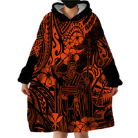 Hawaii King Kamehameha Wearable Blanket Hoodie Polynesian Pattern Orange Version - Wonder Print Shop