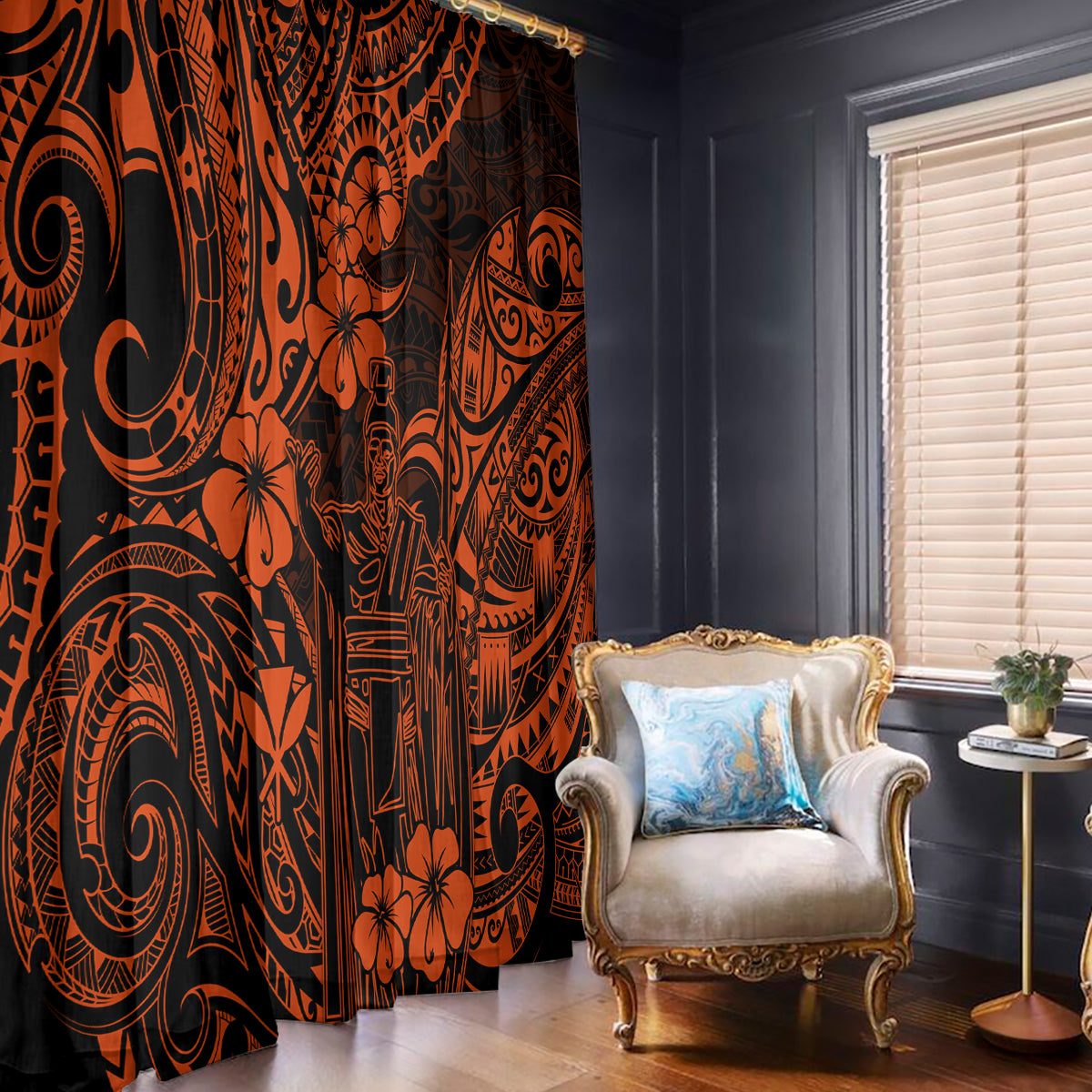 Hawaii King Kamehameha Window Curtain Polynesian Pattern Orange Version - Wonder Print Shop