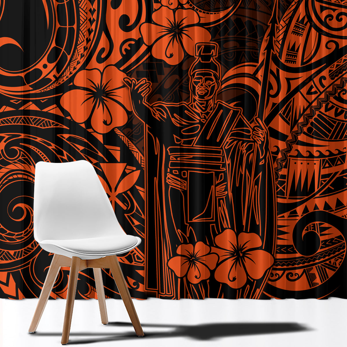 Hawaii King Kamehameha Window Curtain Polynesian Pattern Orange Version - Wonder Print Shop