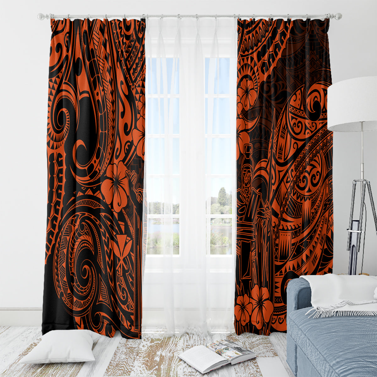 Hawaii King Kamehameha Window Curtain Polynesian Pattern Orange Version - Wonder Print Shop