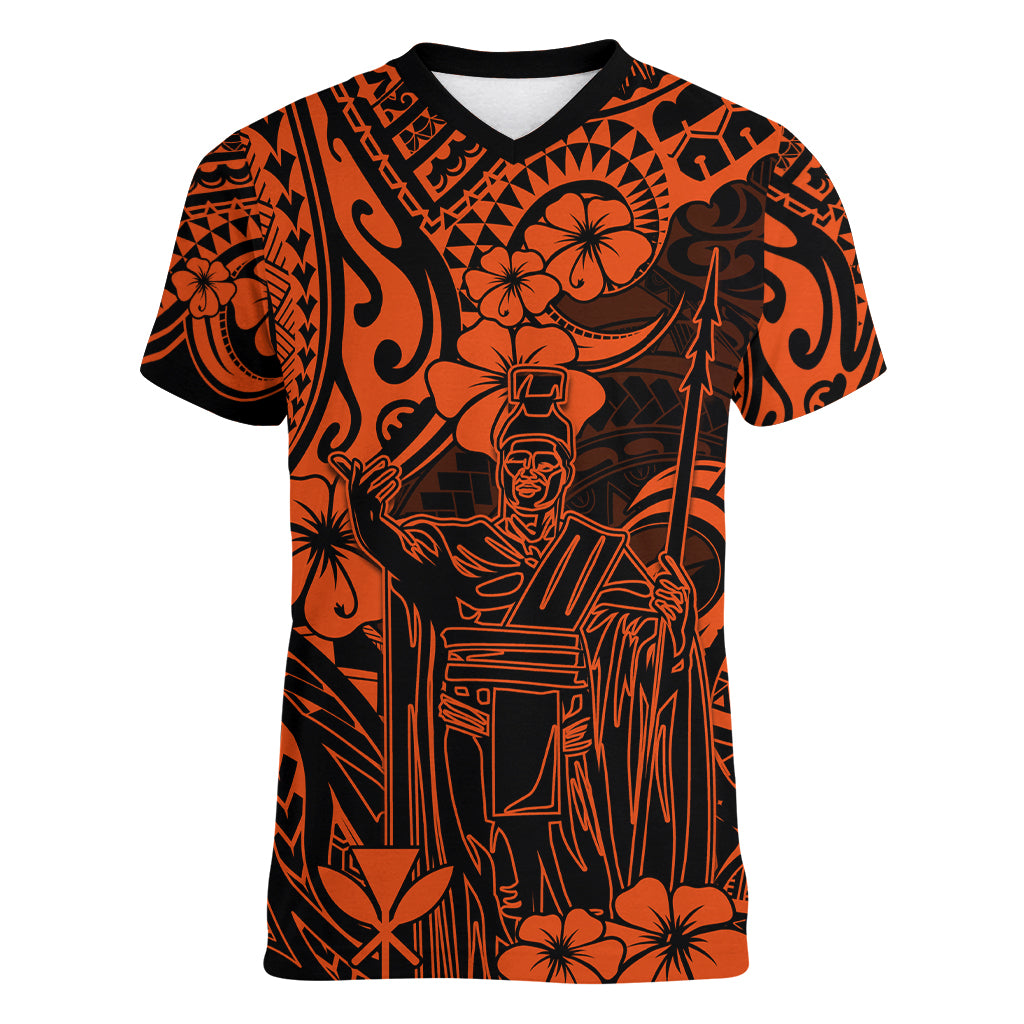 Hawaii King Kamehameha Women V Neck T Shirt Polynesian Pattern Orange Version - Wonder Print Shop