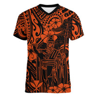 Hawaii King Kamehameha Women V Neck T Shirt Polynesian Pattern Orange Version - Wonder Print Shop