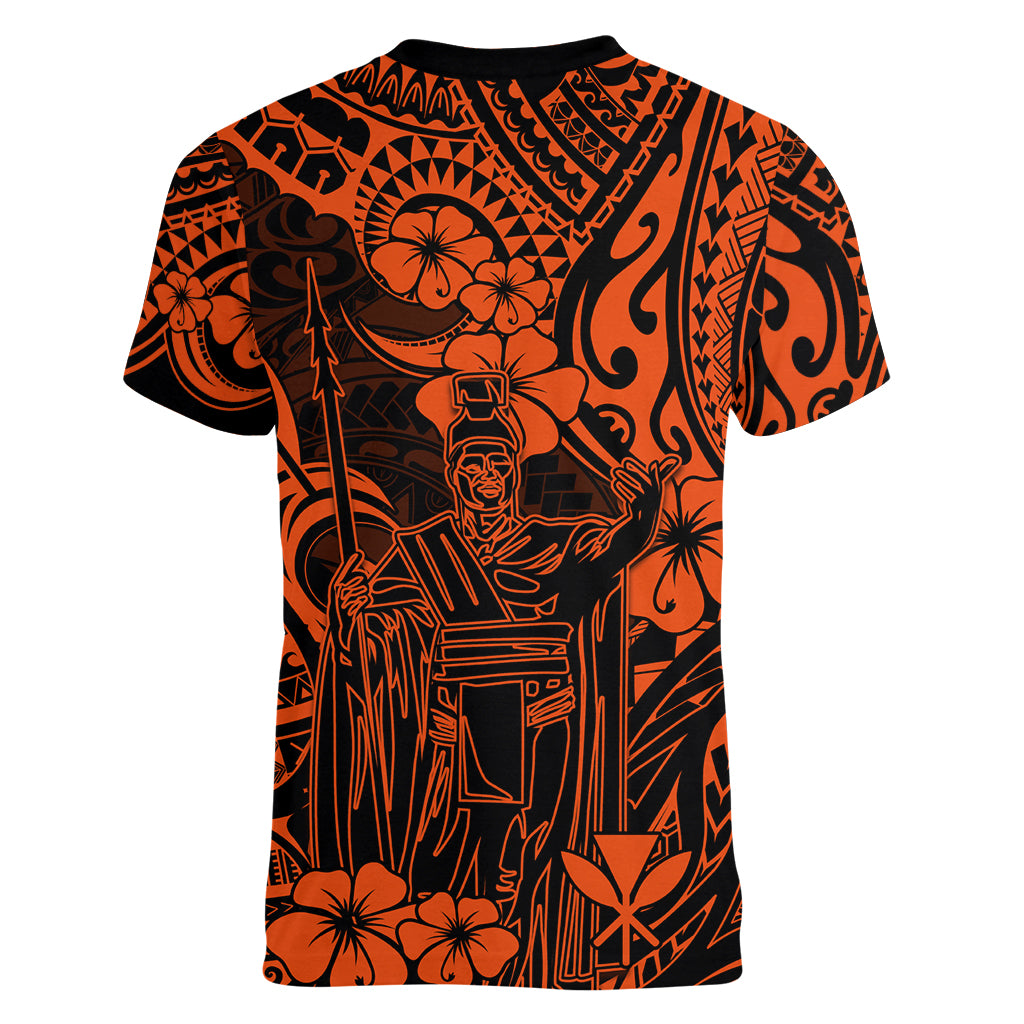 Hawaii King Kamehameha Women V Neck T Shirt Polynesian Pattern Orange Version - Wonder Print Shop
